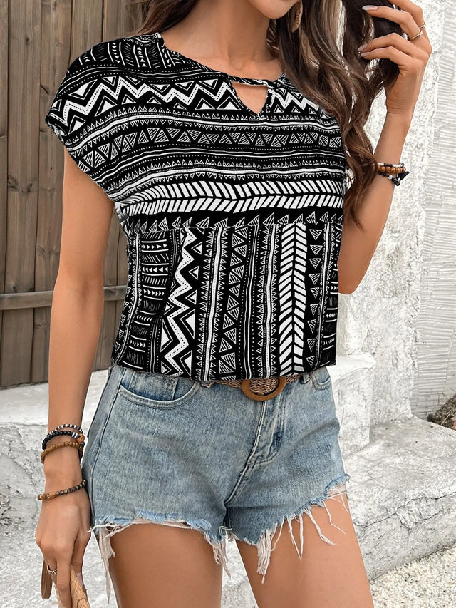 Geometric Print Short Sleeve Blouse.
