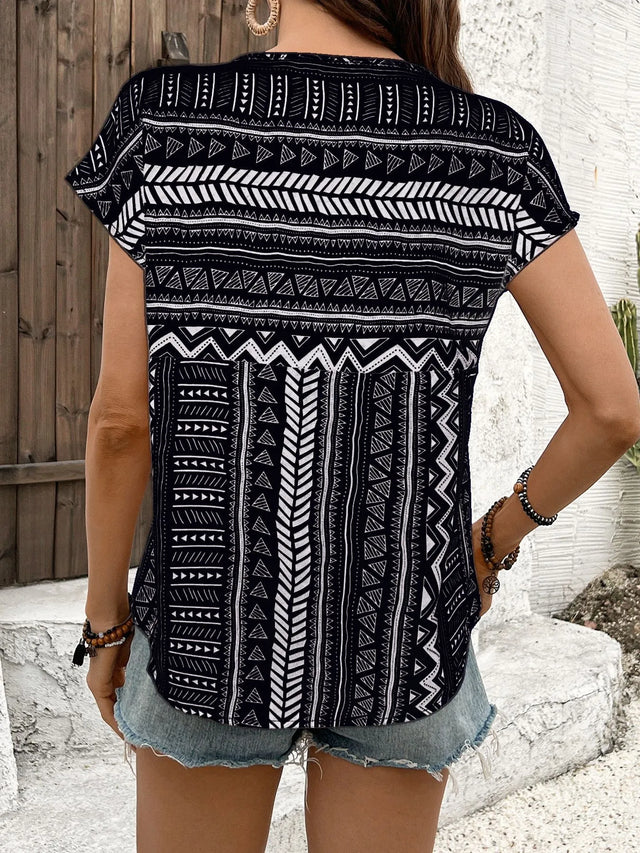 Geometric Print Short Sleeve Blouse.