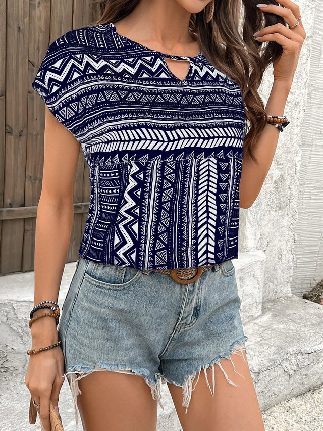 Geometric Print Short Sleeve Blouse.