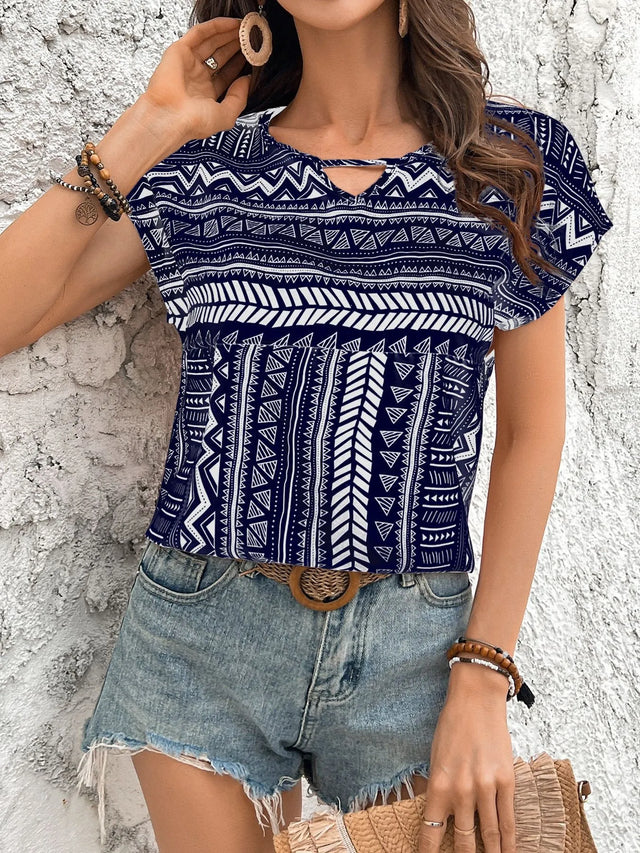 Geometric Print Short Sleeve Blouse.