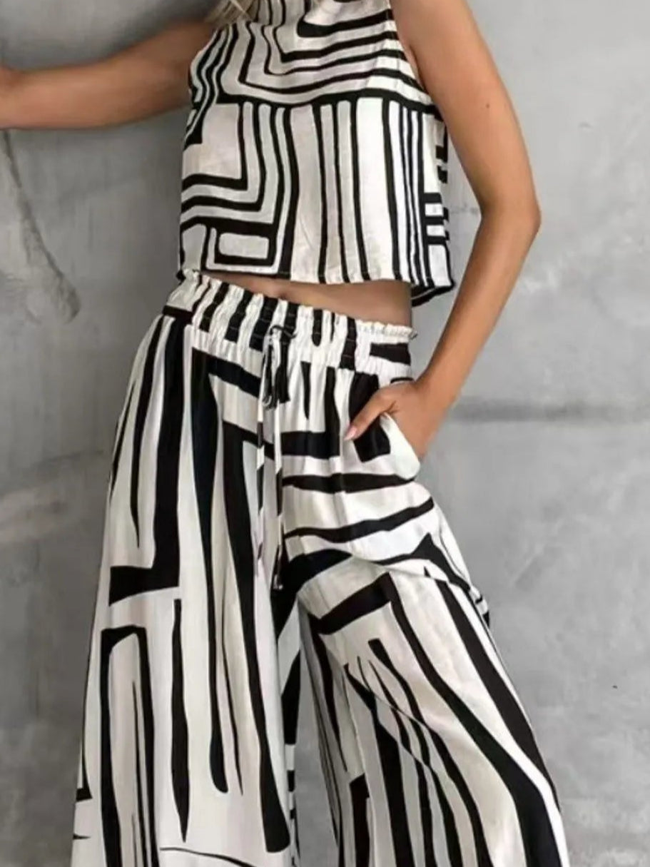 Geometric Print Sleeveless Top and Wide Leg Pants Set.