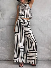 Geometric Print Sleeveless Top and Wide Leg Pants Set.