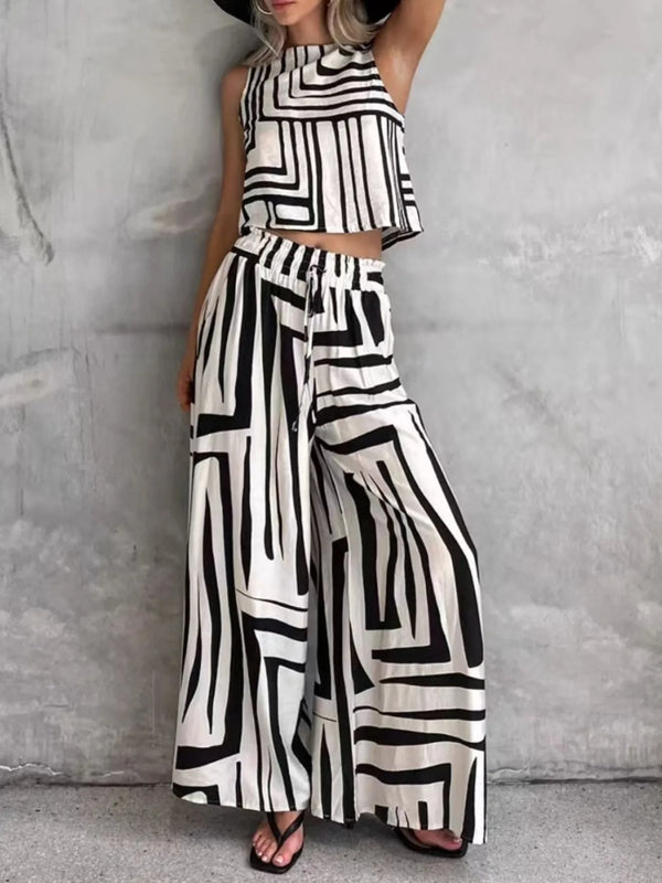 Geometric Print Sleeveless Top and Wide Leg Pants Set.