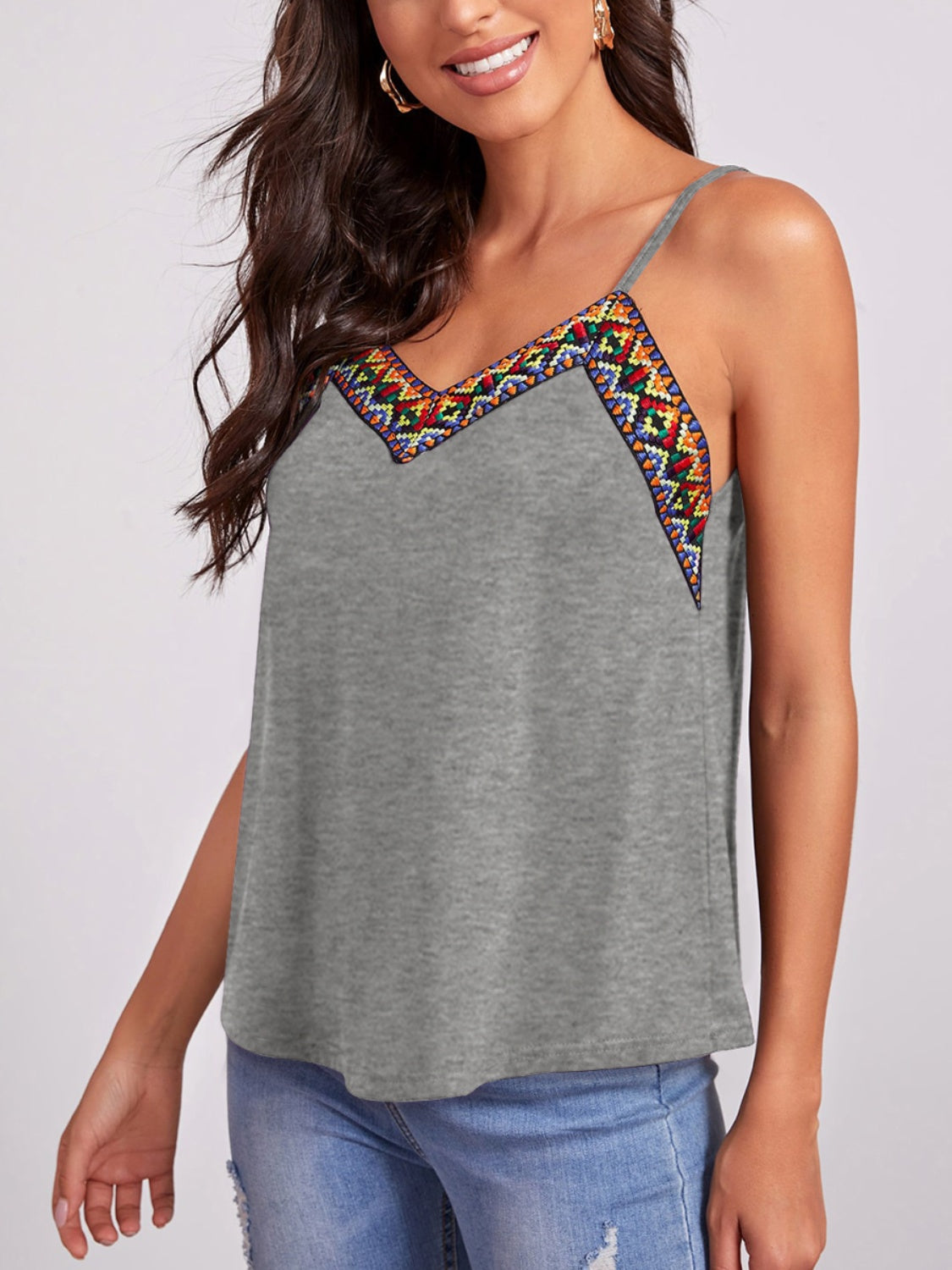 Geometric V-neck spaghetti strap cami.