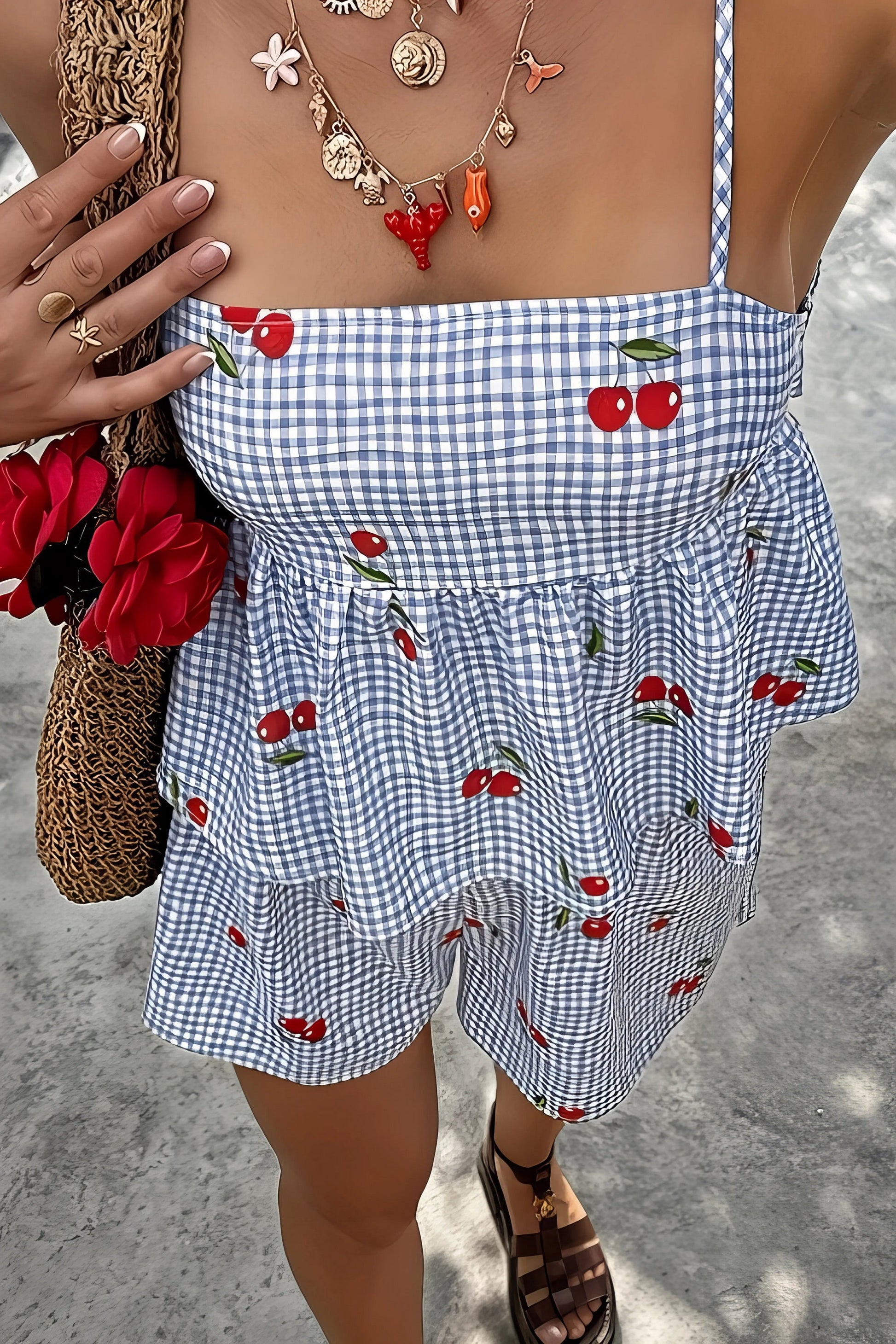 gingham cherry print cami and shorts set, sweet women's two-piece outfit, charming summer fashion, playful cherry print, comfortable camisole, stylish gingham shorts, ideal for a cute coordinated look