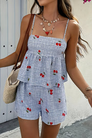 gingham cherry print cami and shorts set, sweet women's two-piece outfit, charming summer fashion, playful cherry print, comfortable camisole, stylish gingham shorts, ideal for a cute coordinated look