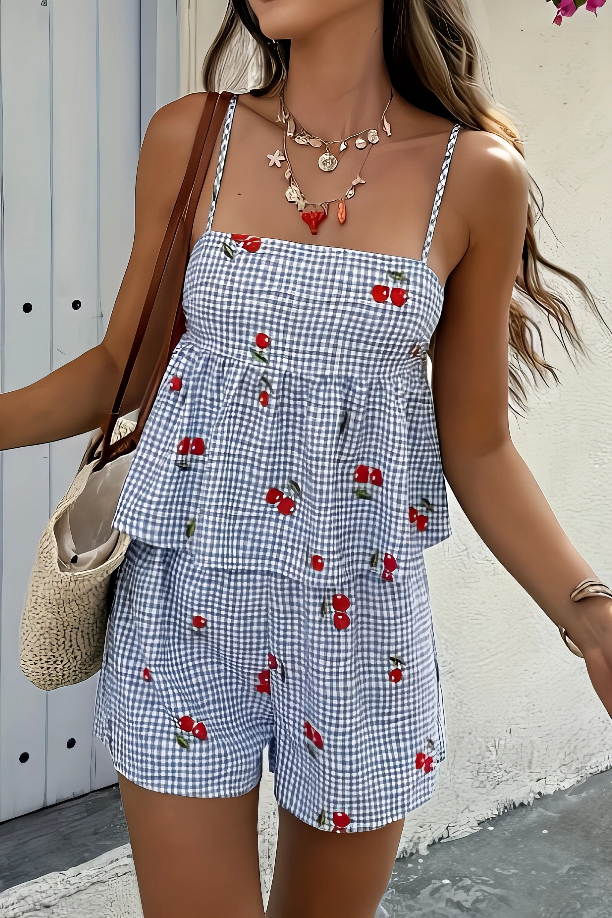 gingham cherry print cami and shorts set, sweet women's two-piece outfit, charming summer fashion, playful cherry print, comfortable camisole, stylish gingham shorts, ideal for a cute coordinated look