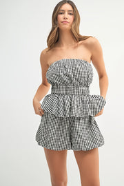 Women's gingham tube top and shorts set with pockets