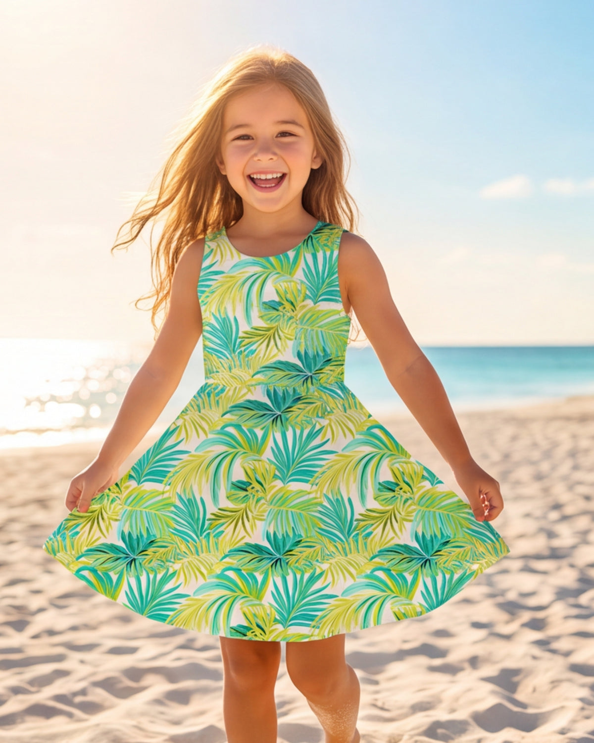Girls Sun Dress - Green Palms