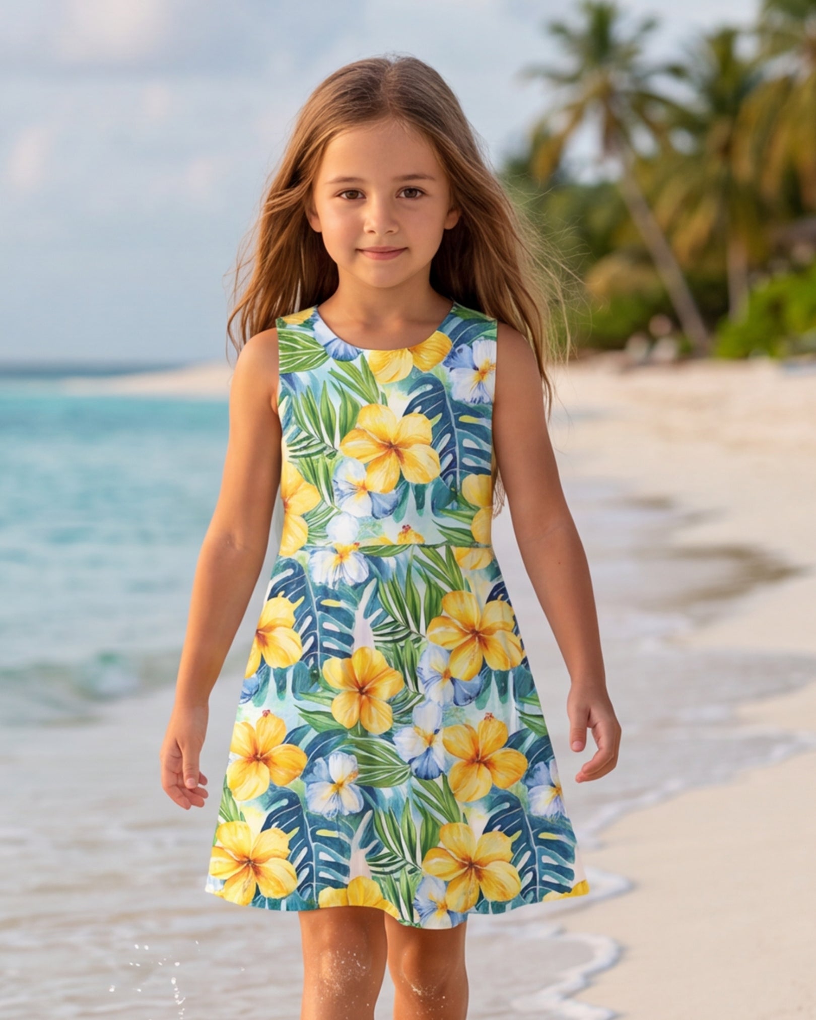 Girls Sun Dress - Yellow Hibiscus