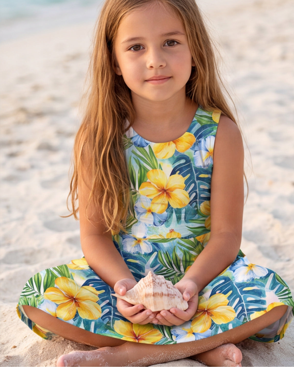 Girls Sun Dress - Yellow Hibiscus