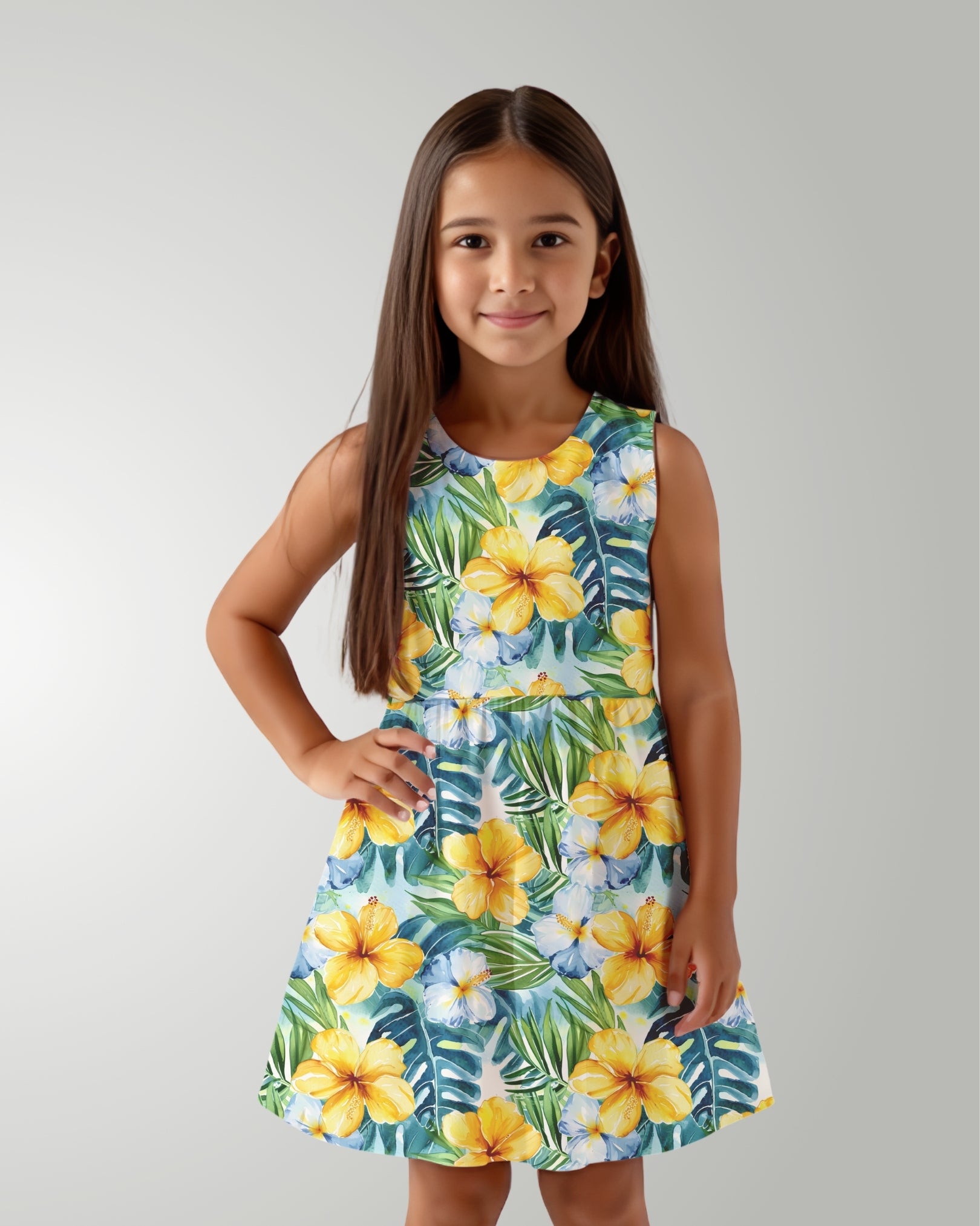 Girls Sun Dress - Yellow Hibiscus