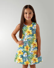 Girls Sun Dress - Yellow Hibiscus