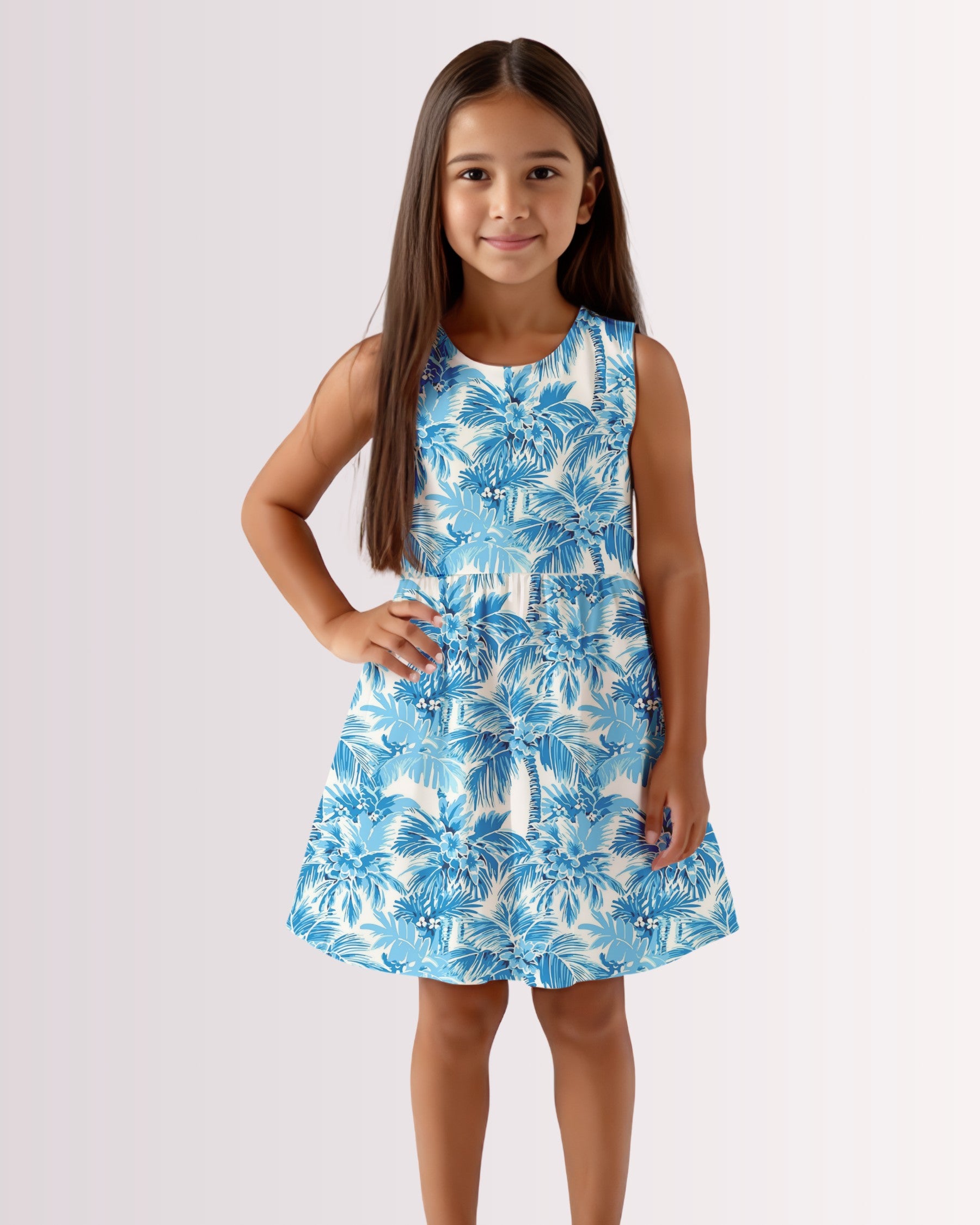 Girls Sun Dress - Blue Palm Trees I
