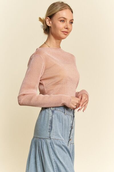 Glitter Mesh Lettuce Hem Long Sleeve Top