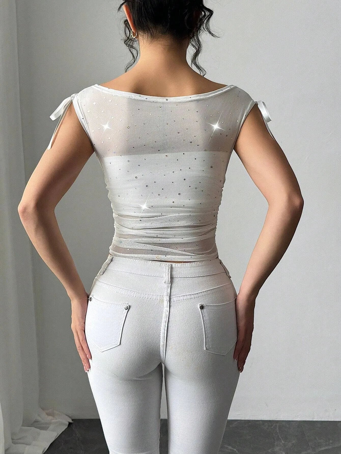 Glitter Stars Sheer Mesh Ruched Crop Top.