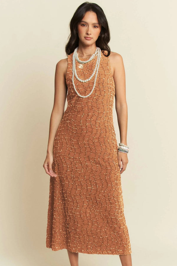 Davi Dani Golden Textured Zippered Midi Dress.