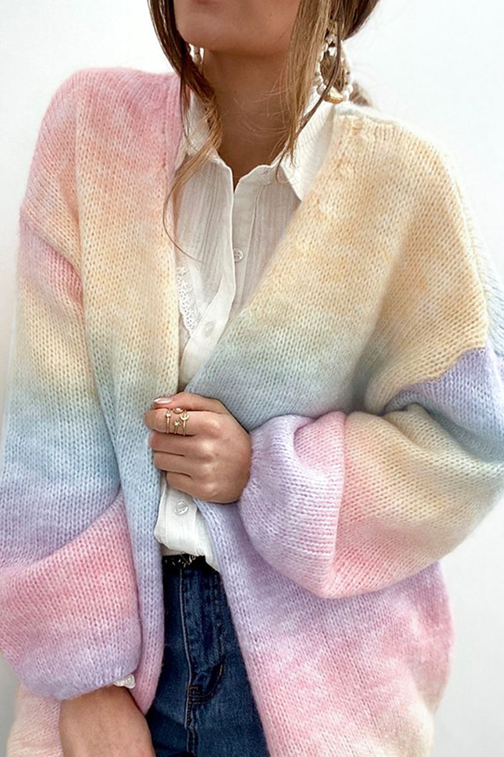 Gradient open front drop shoulder cardigan.