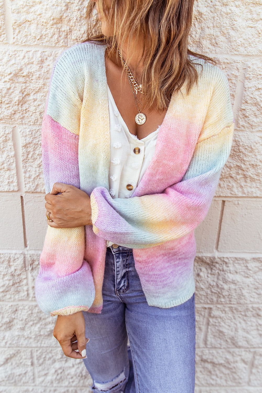 Gradient open front drop shoulder cardigan.