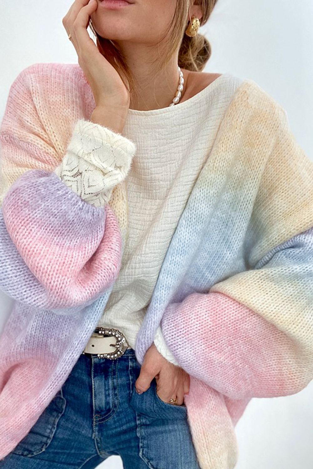 Gradient open front drop shoulder cardigan.