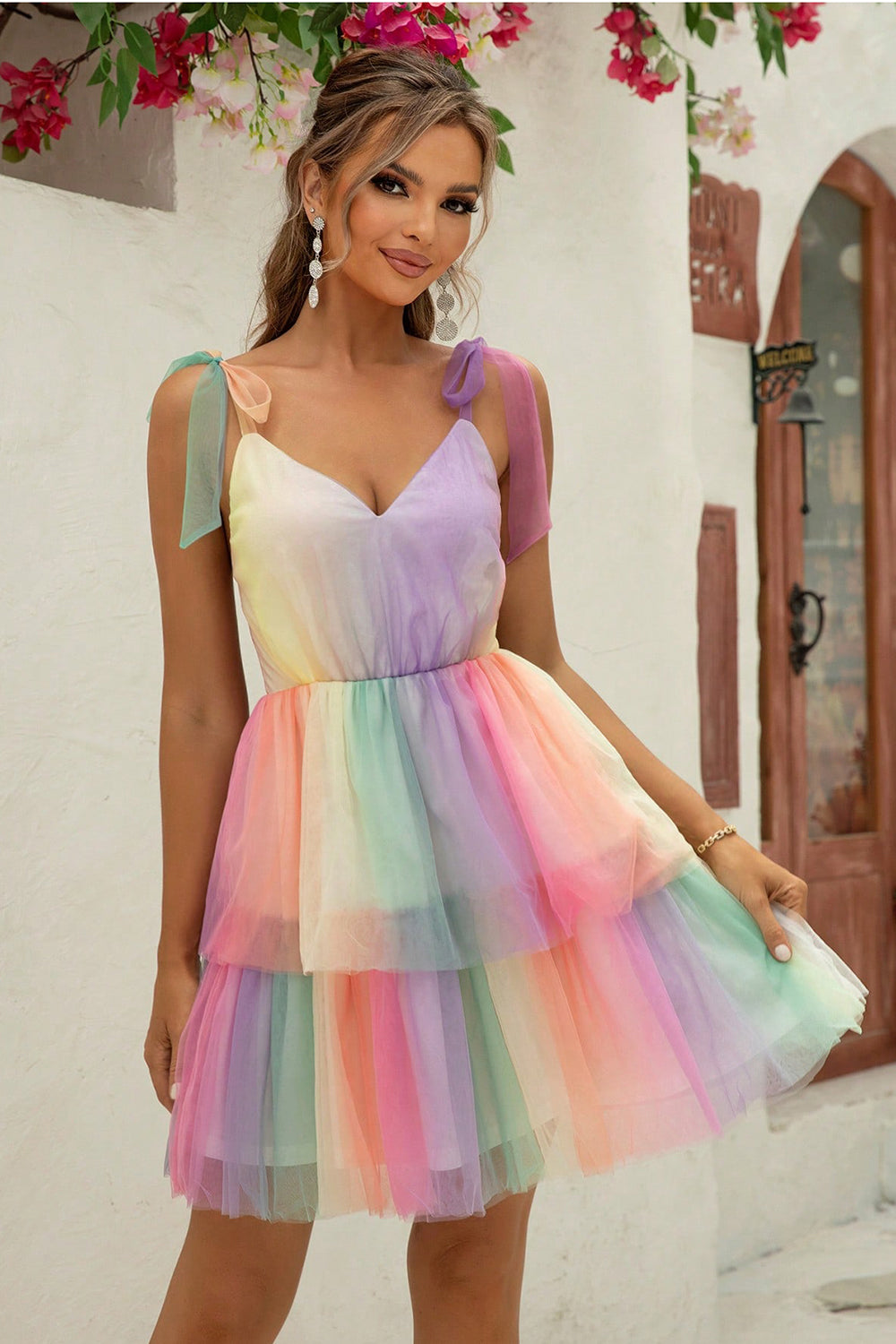 Gradient Tie-Shoulder Layered Dress.
