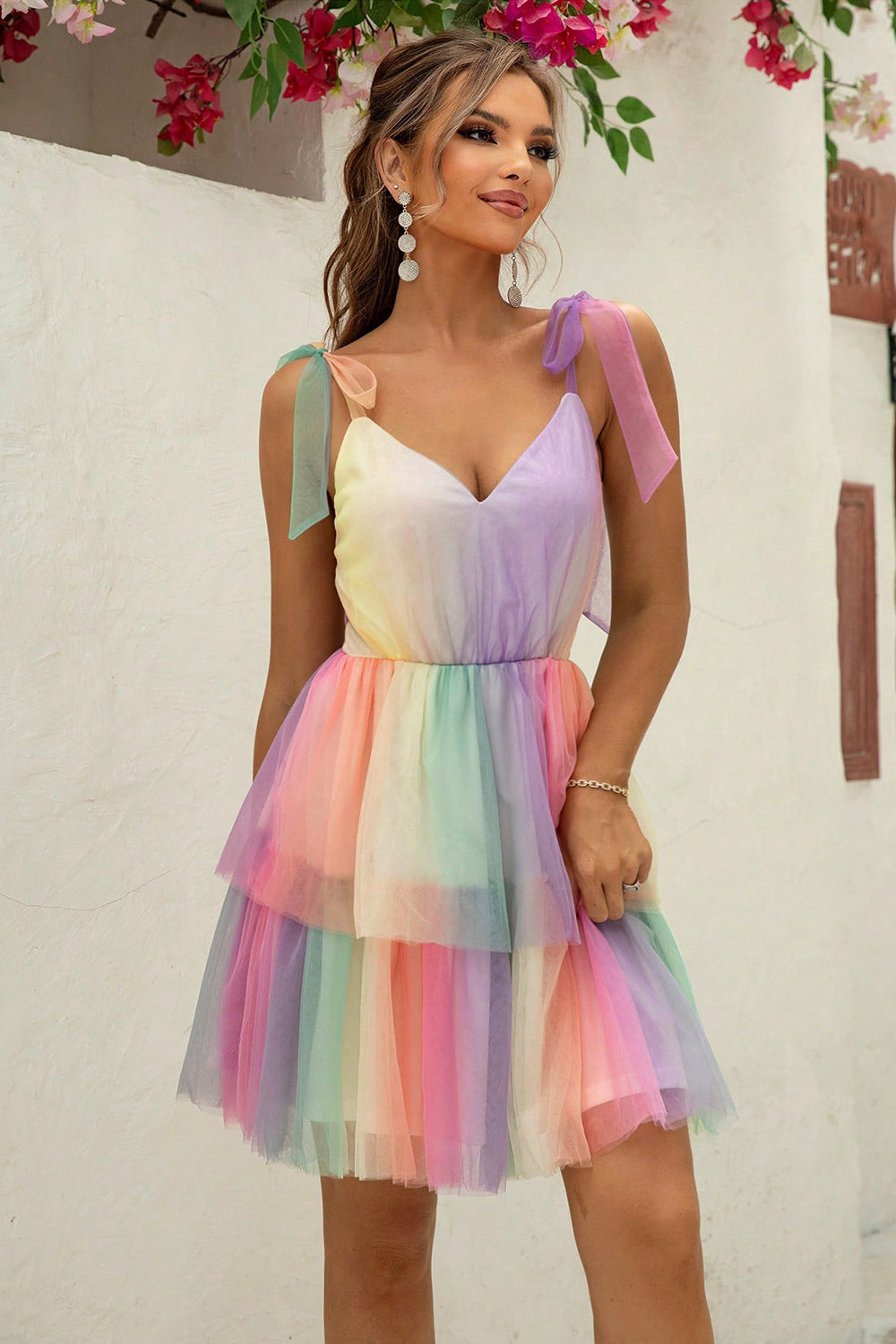 Gradient Tie-Shoulder Layered Dress.