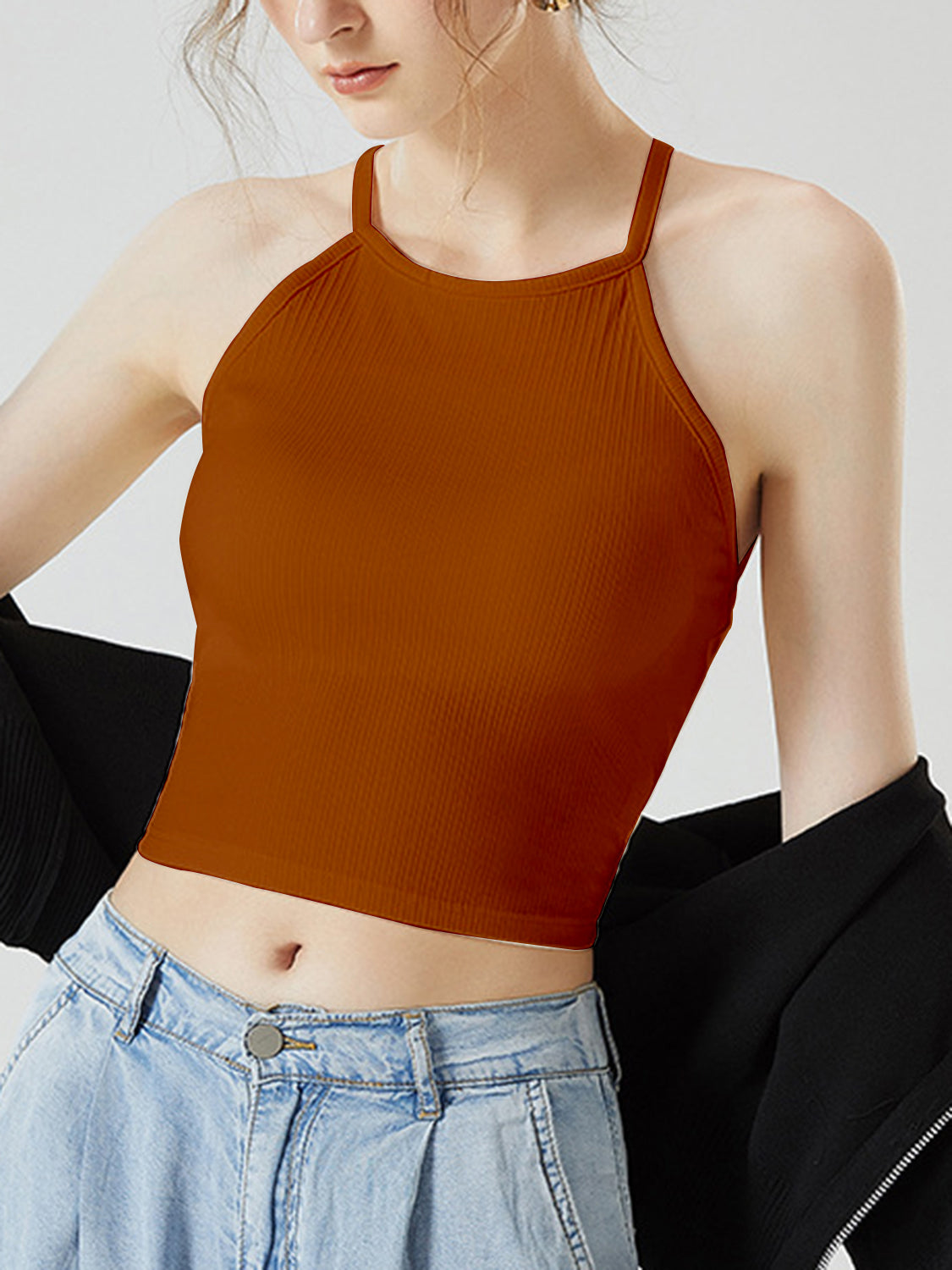 Grecian neck cropped tank top with chest pads.