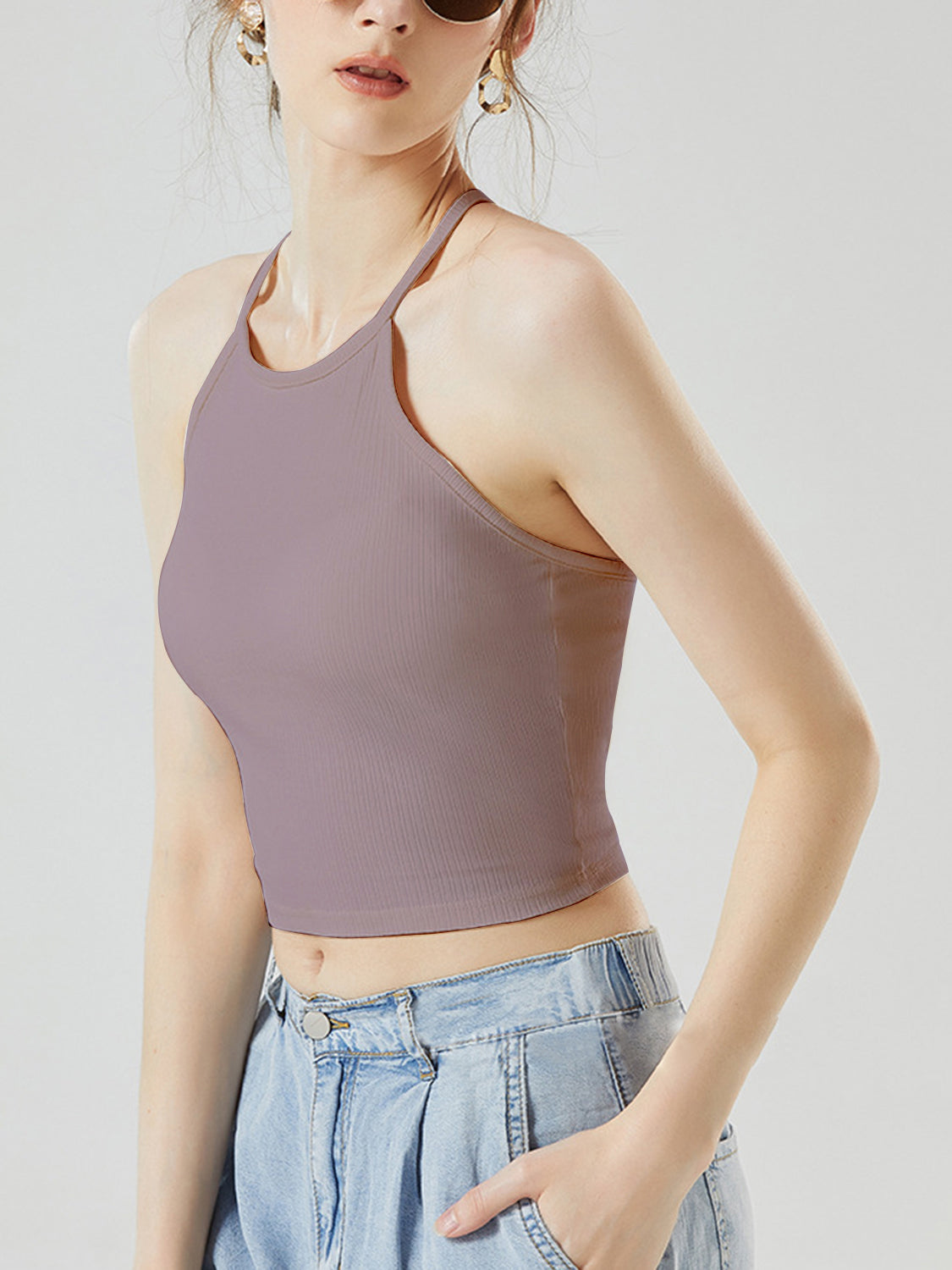 Grecian neck cropped tank top with chest pads.