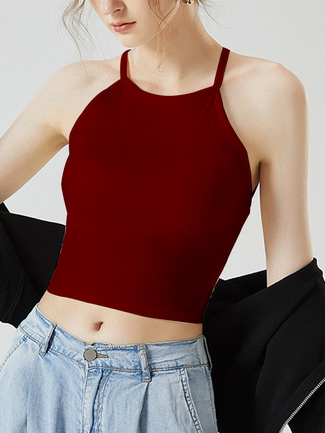 Grecian neck cropped tank top with chest pads.