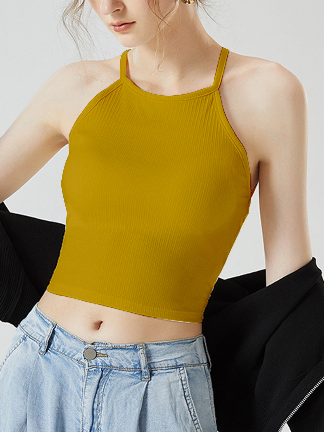 Grecian neck cropped tank top with chest pads.