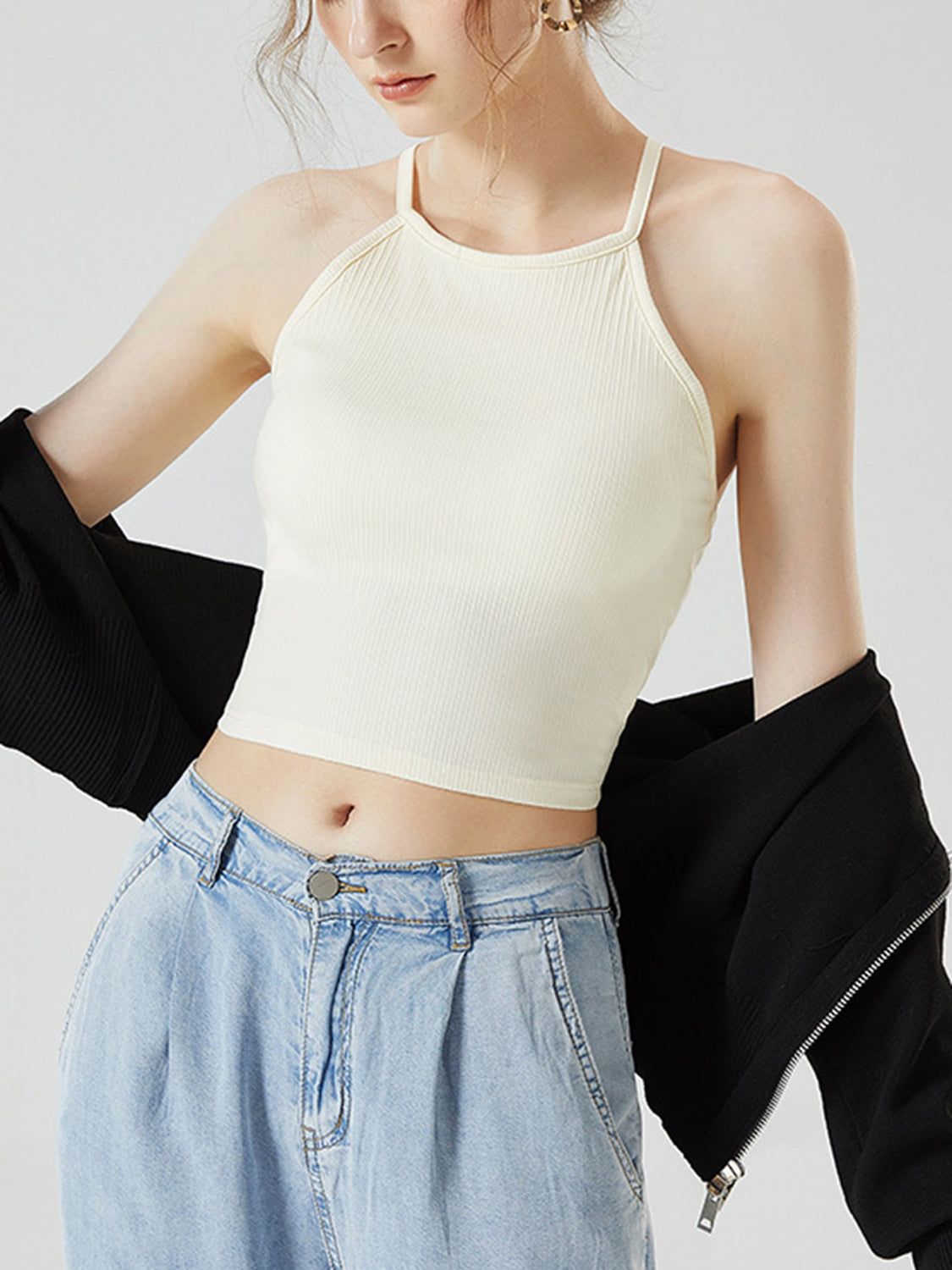 Grecian neck cropped tank top with chest pads.
