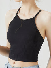 Grecian neck cropped tank top with chest pads.