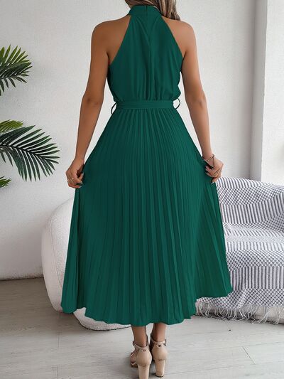 Grecian Neck Tie Waist Pleated Dress.