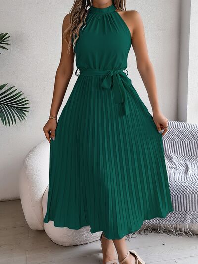 Grecian Neck Tie Waist Pleated Dress.