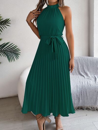Grecian Neck Tie Waist Pleated Dress.