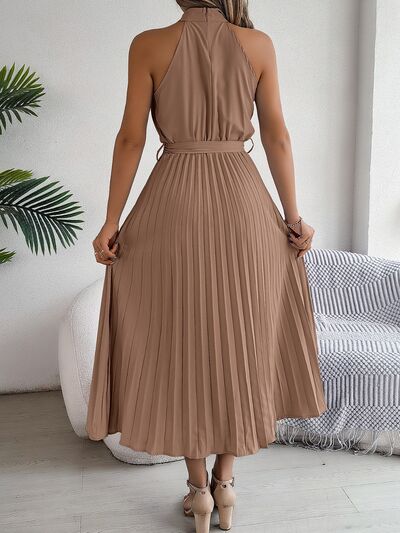 Grecian Neck Tie Waist Pleated Dress.