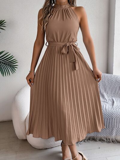 Grecian Neck Tie Waist Pleated Dress.
