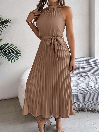 Grecian Neck Tie Waist Pleated Dress.