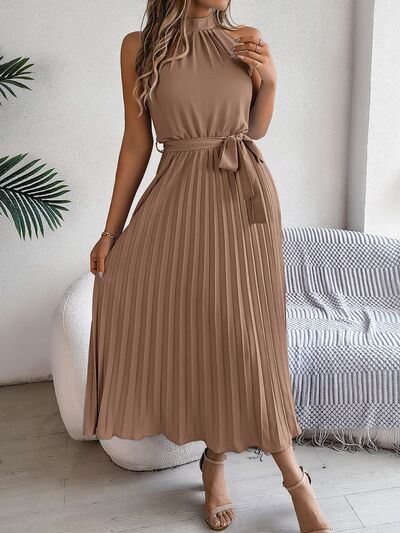 Grecian Neck Tie Waist Pleated Dress.