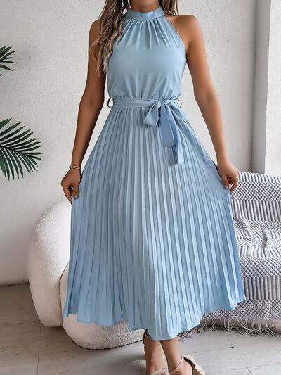 Grecian Neck Tie Waist Pleated Dress.