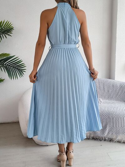 Grecian Neck Tie Waist Pleated Dress.