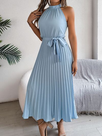 Grecian Neck Tie Waist Pleated Dress.