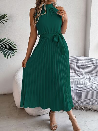 Grecian Neck Tie Waist Pleated Dress.