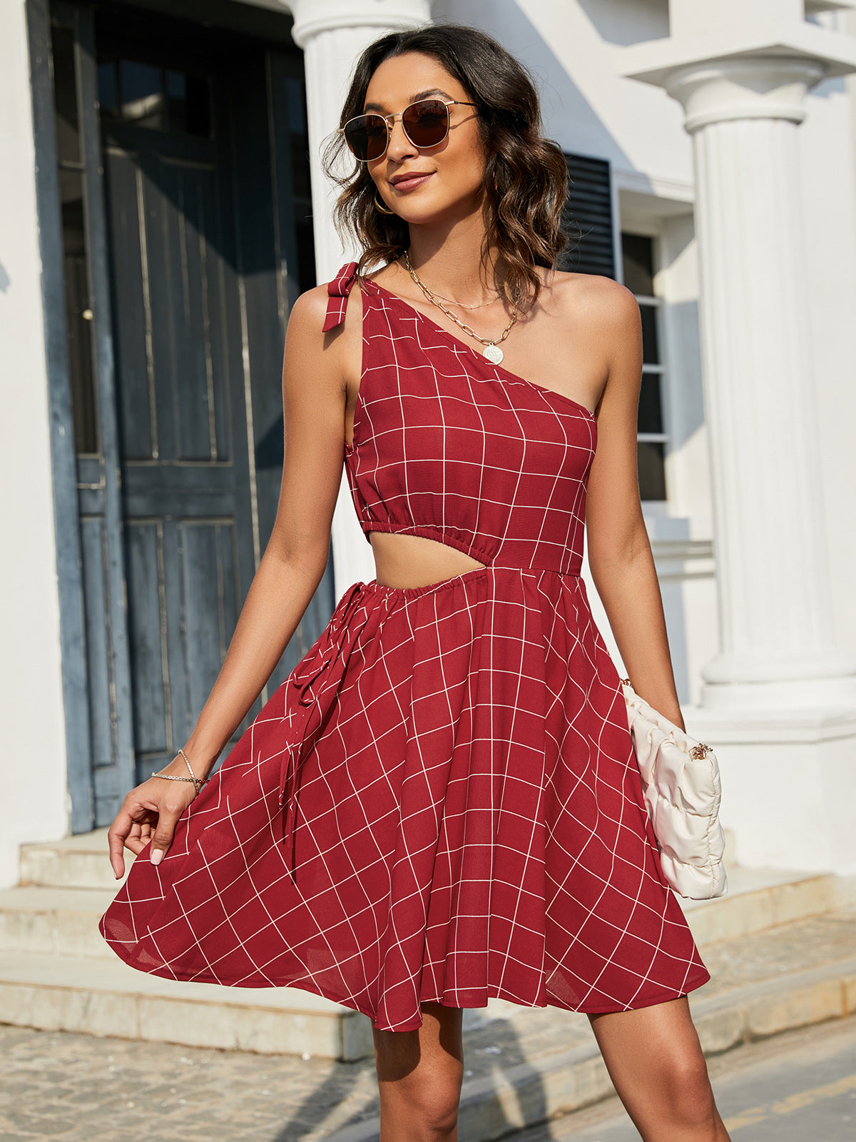 Grid One-Shoulder Tied Cutout Mini Dress.