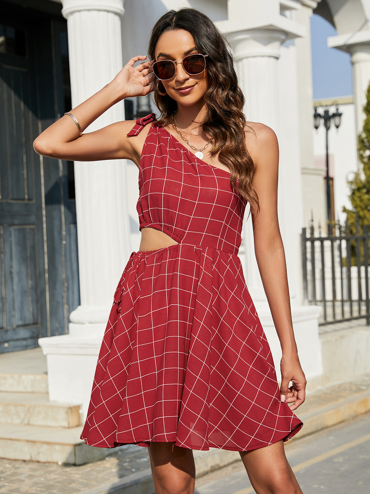 Grid One-Shoulder Tied Cutout Mini Dress.