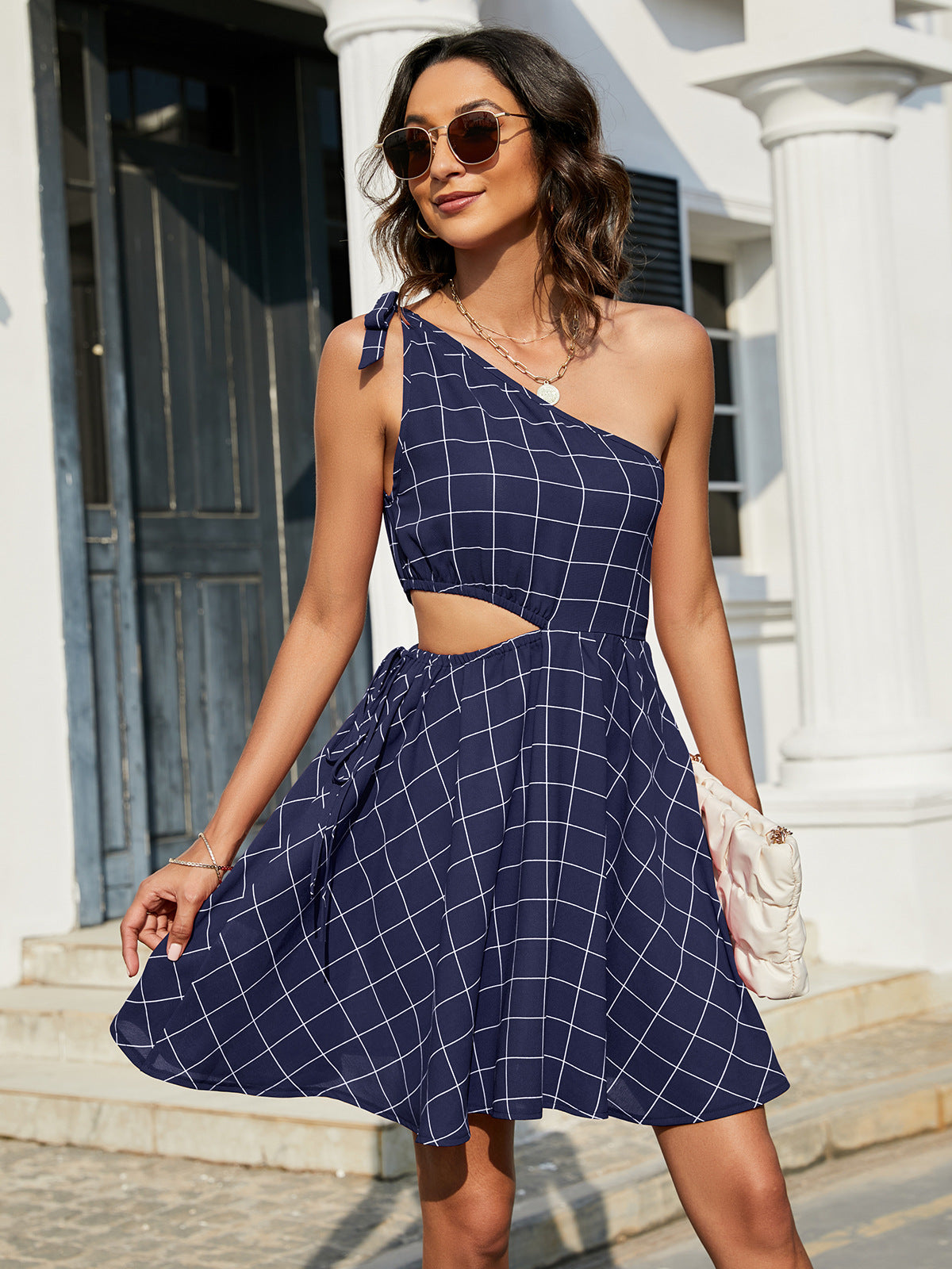 Grid One-Shoulder Tied Cutout Mini Dress.
