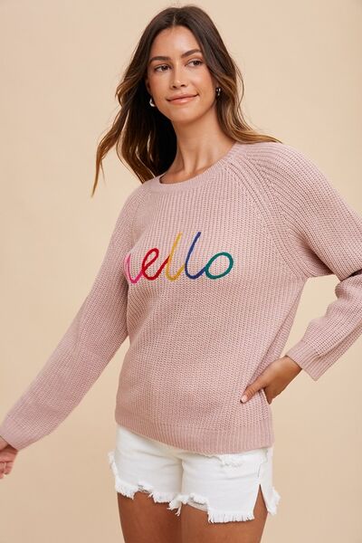 Annie Wear HELLO embroidered raglan sleeve sweater.