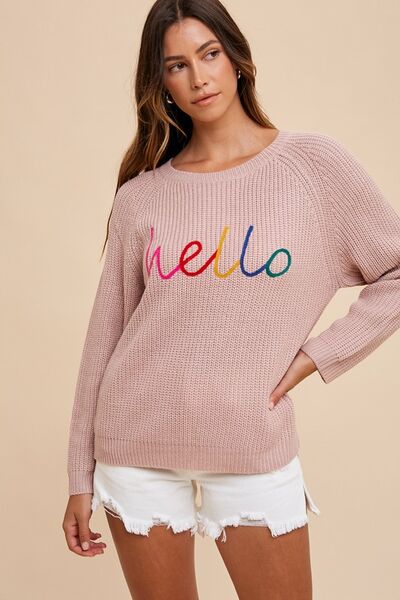 Annie Wear HELLO embroidered raglan sleeve sweater.