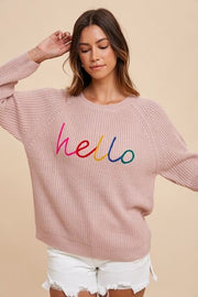Annie Wear HELLO embroidered raglan sleeve sweater.