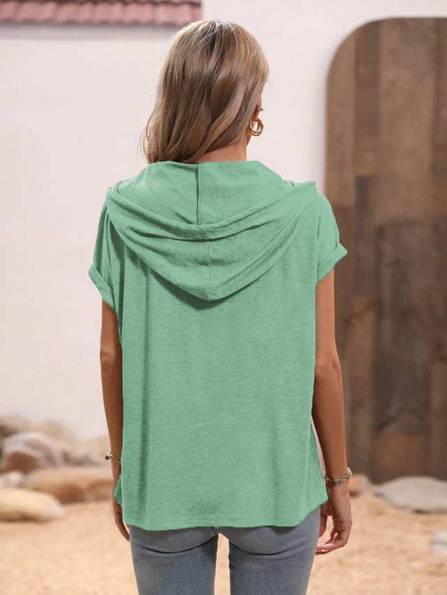 Half button hooded short sleeve blouse.